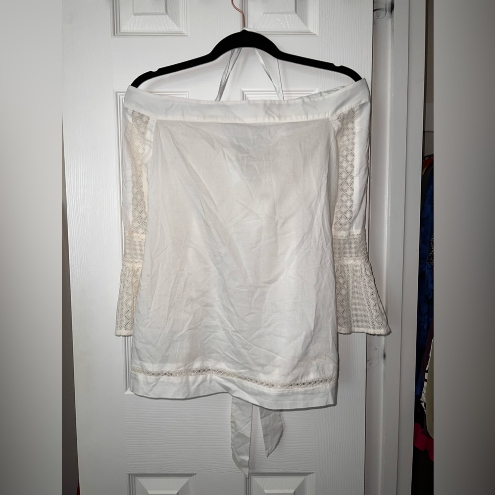 Ann Taylor LOFT White Lace Bow Off-The-Shoulder Top, Size L, NWT